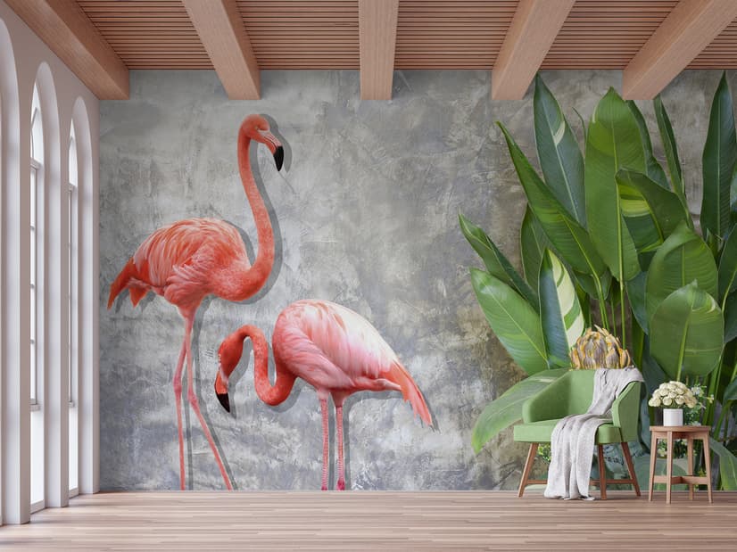 3D Look Pink Flamingo with Tropical Leaves Wallpaper Mural