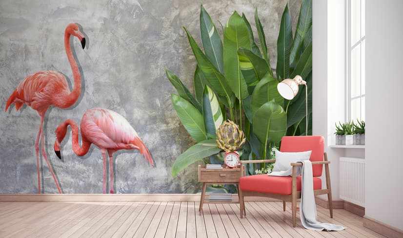 3D Look Pink Flamingo with Tropical Leaves Wallpaper Mural
