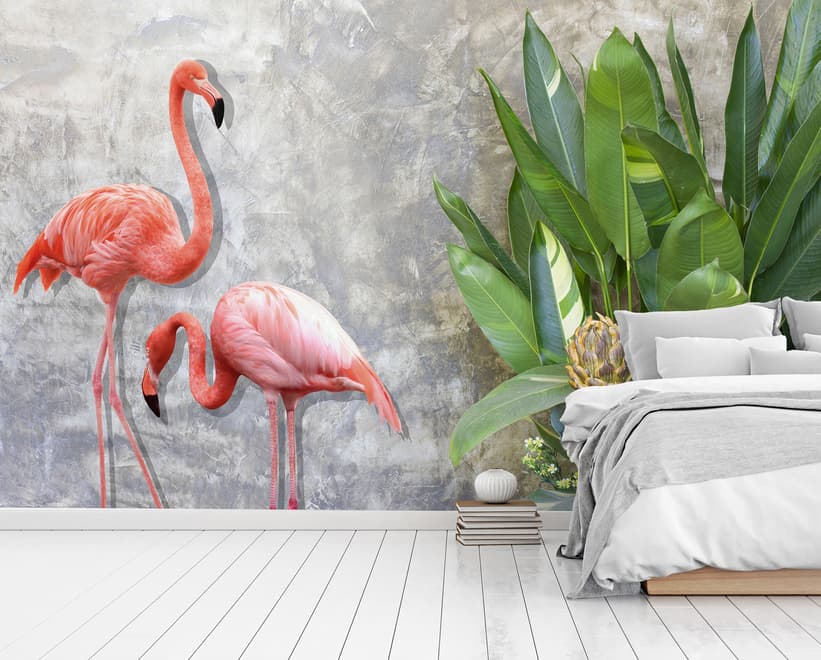Papier peint panoramique flamant rose effet 3D avec feuilles tropicales