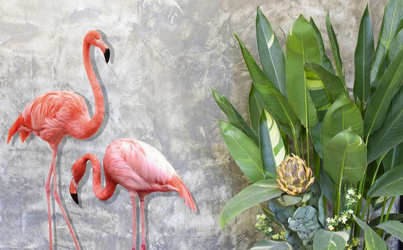 3D Look Pink Flamingo with Tropical Leaves Wallpaper Mural