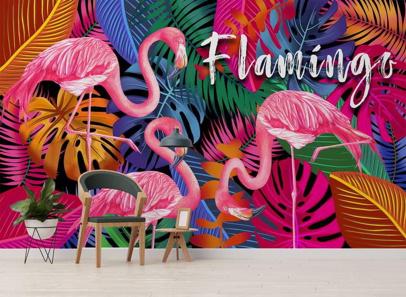 Pink Flamingo with Colorful Leaf Wallpaper Mural