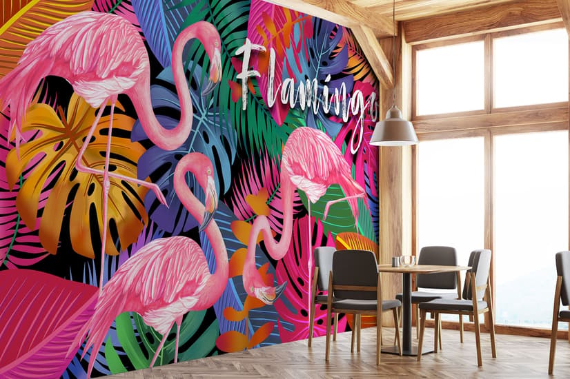 Pink Flamingo with Colorful Leaf Wallpaper Mural