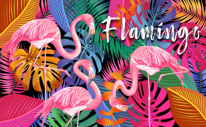Pink Flamingo with Colorful Leaf Wallpaper Mural
