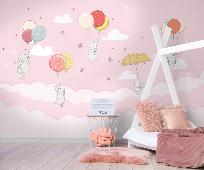 Rabbits with Air Balloon Wallpaper Mural