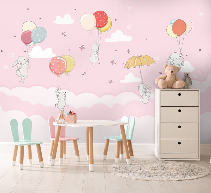 Rabbits with Air Balloon Wallpaper Mural