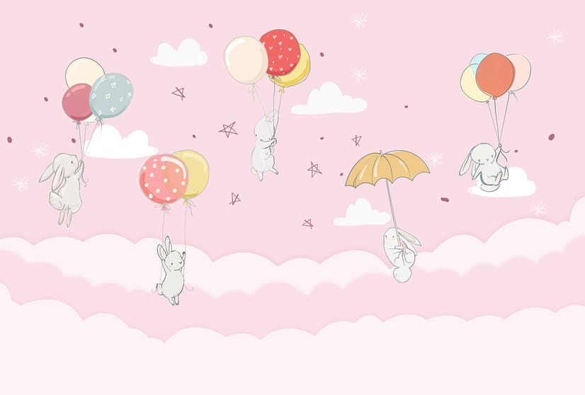 Rabbits with Air Balloon Wallpaper Mural