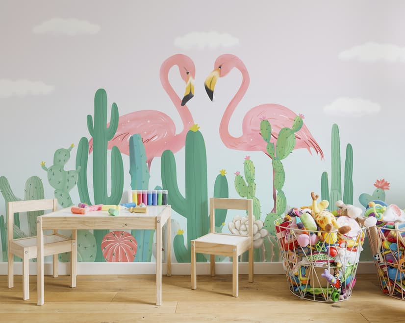 Flamingo Couple with Cactus Wallpaper Mural