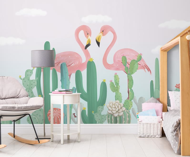 Papier peint couple de flamants roses avec cactus