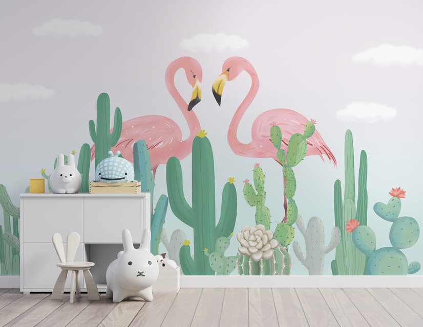 Papier peint couple de flamants roses avec cactus