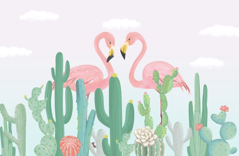 Papier peint couple de flamants roses avec cactus