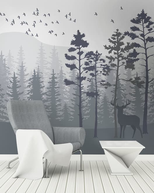 Monochrome Mountain and Forest Scape Wallpaper Mural