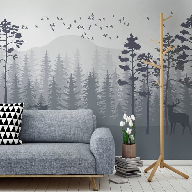Monochrome Mountain and Forest Scape Wallpaper Mural