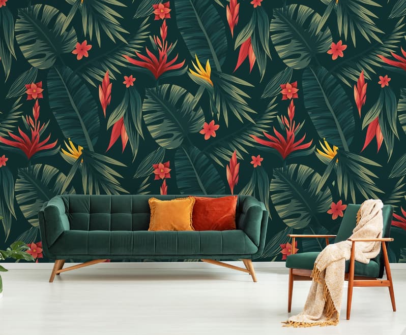 Red Floral and Palm Leaf Pattern Wallpaper Mural