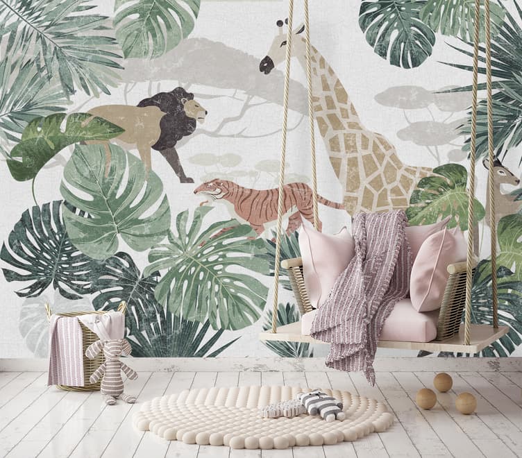 Papier peint rétro animaux sauvages et feuilles tropicales
