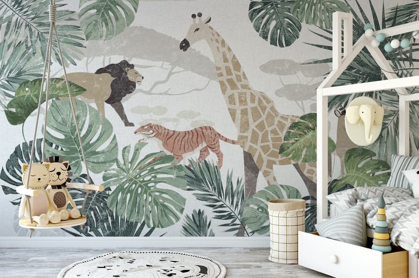 Retro Wild Animals with Tropical Leaves Wallpaper Mural