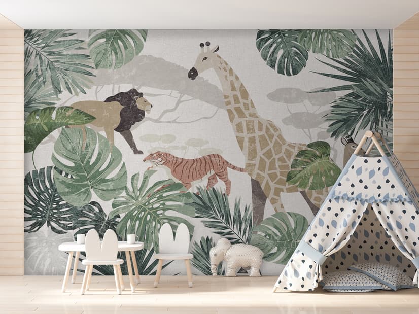Retro Wild Animals with Tropical Leaves Wallpaper Mural