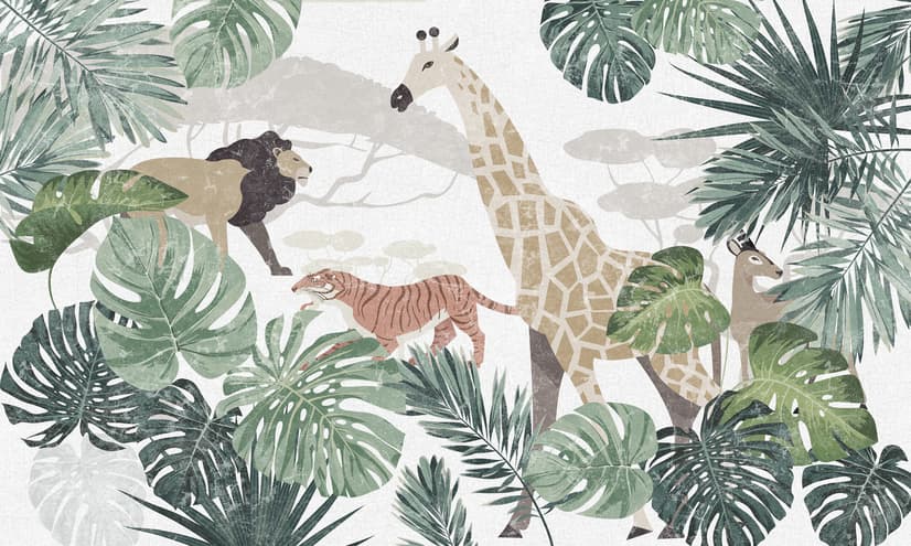 Retro Wild Animals with Tropical Leaves Wallpaper Mural