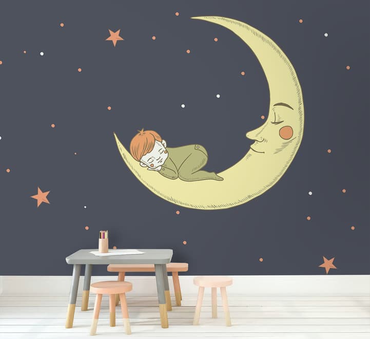 Cartoon-Mond mit kleinem Kind und Nachthimmel Fototapete