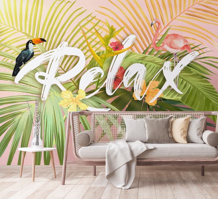 Papier peint panoramique flamant rose avec feuilles tropicales colorées