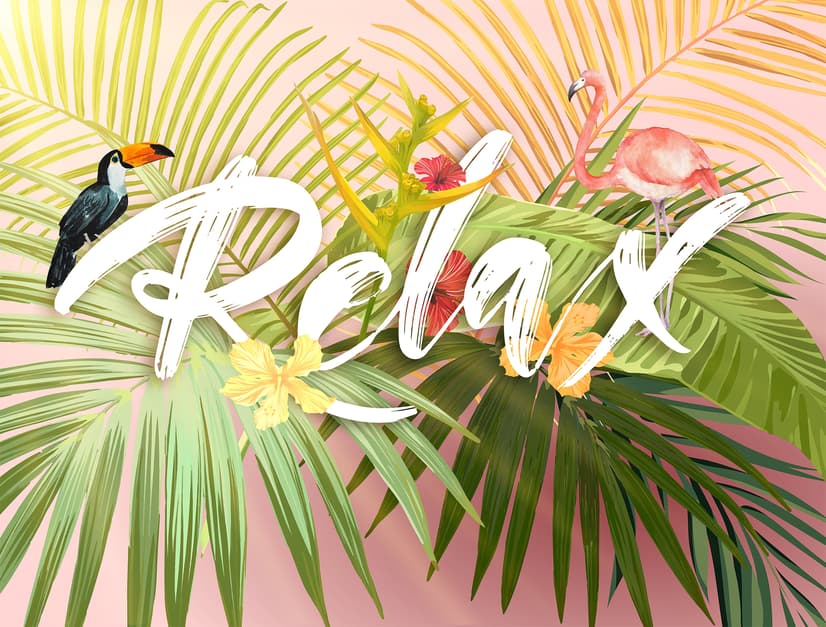 Papier peint panoramique flamant rose avec feuilles tropicales colorées