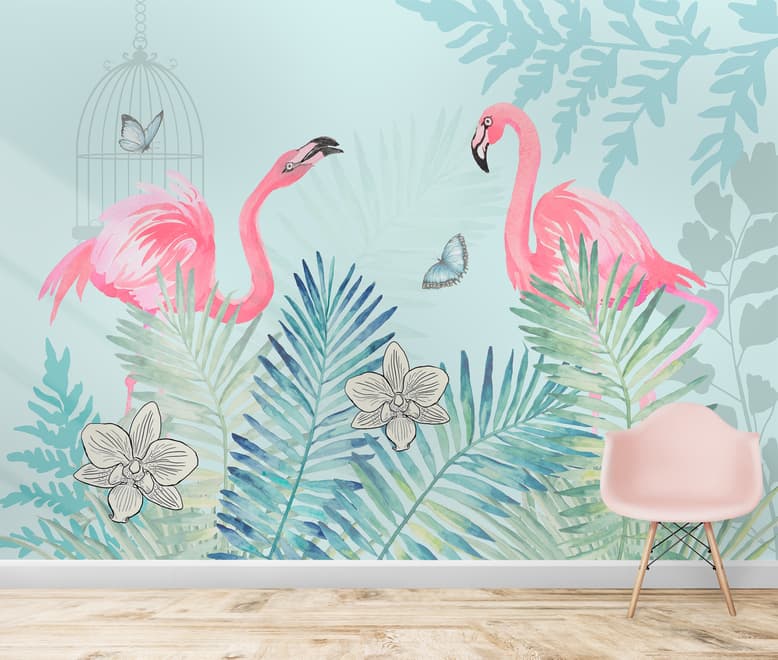 Vintage Pink Flamingo with Tropical Leaves Wallpaper Mural