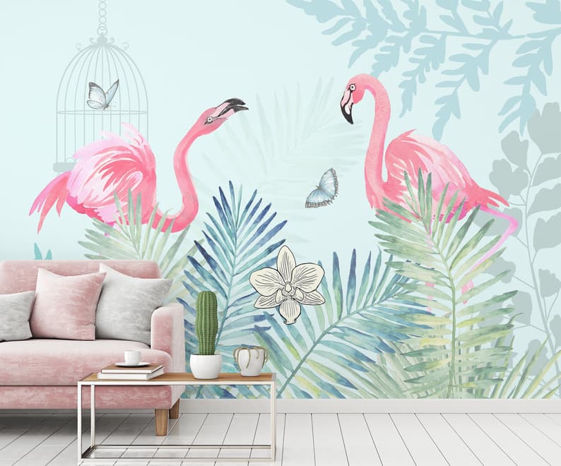 Vintage Pink Flamingo with Tropical Leaves Wallpaper Mural