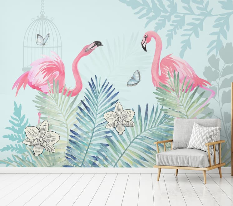 Vintage Pink Flamingo with Tropical Leaves Wallpaper Mural