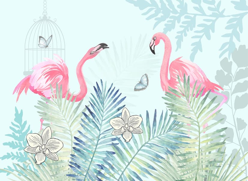 Vintage Pink Flamingo with Tropical Leaves Wallpaper Mural
