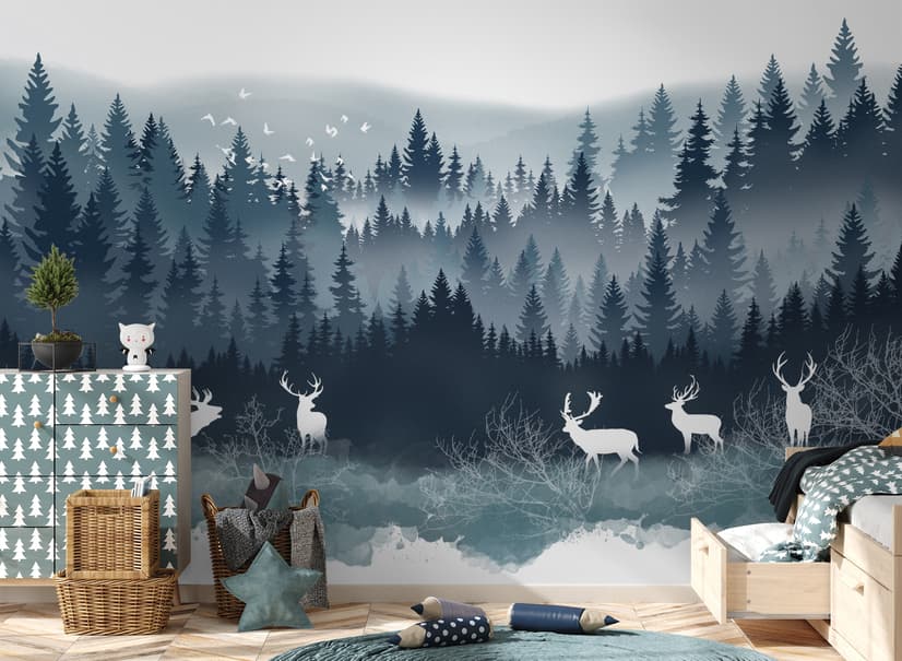 Papier peint paysage de forêt brumeuse et cerf cornu