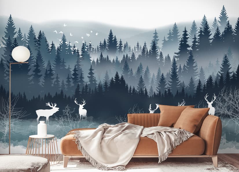Misty Forest Landscape and Horned Deer Wallpaper Mural