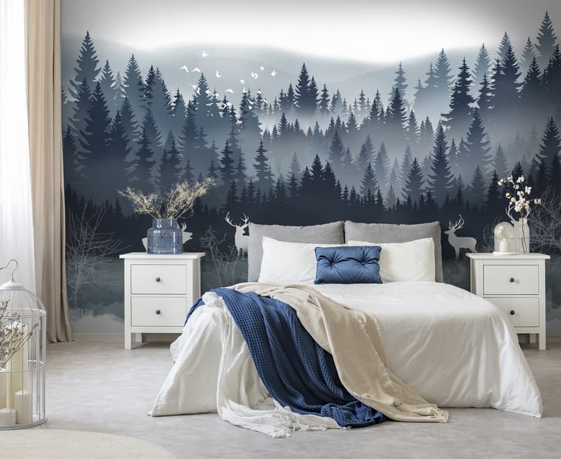 Misty Forest Landscape and Horned Deer Wallpaper Mural
