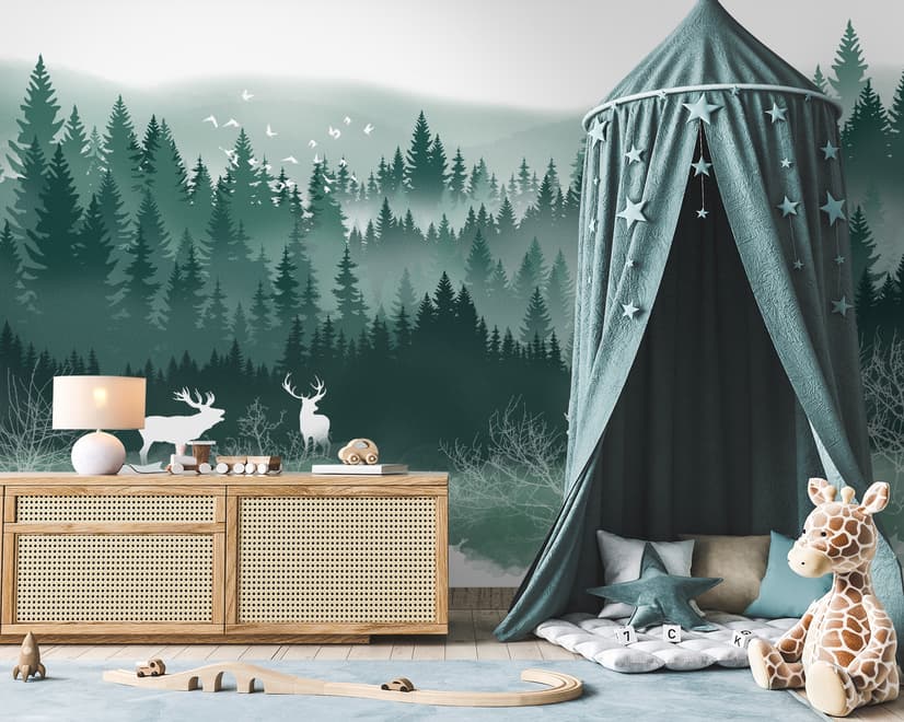 Misty Forest Landscape and Horned Deer Wallpaper Mural