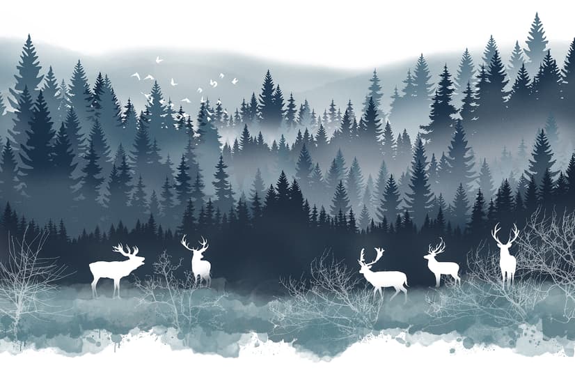 Misty Forest Landscape and Horned Deer Wallpaper Mural