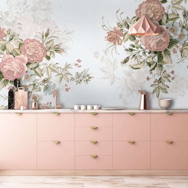 Vintage Pink Flowers Wallpaper Mural