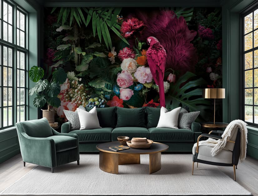 Pink Parrot with Colorful Floral Wallpaper Mural