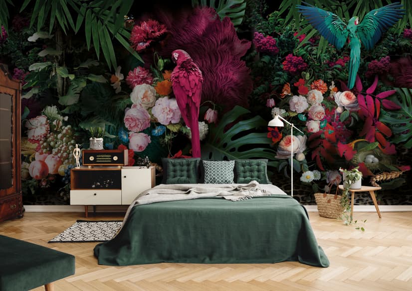 Pink Parrot with Colorful Floral Wallpaper Mural