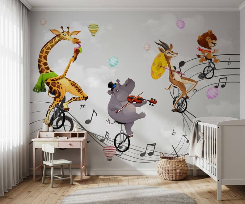 Cartoon Animal with Music Note Wallpaper Mural