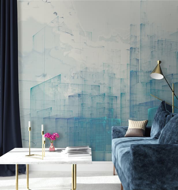 Abstract Blue Monochrome City Landscape Wallpaper Mural