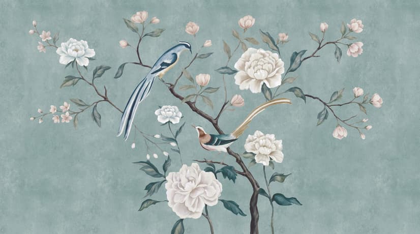Vintage Peony Floral and Swallow Wallpaper Mural