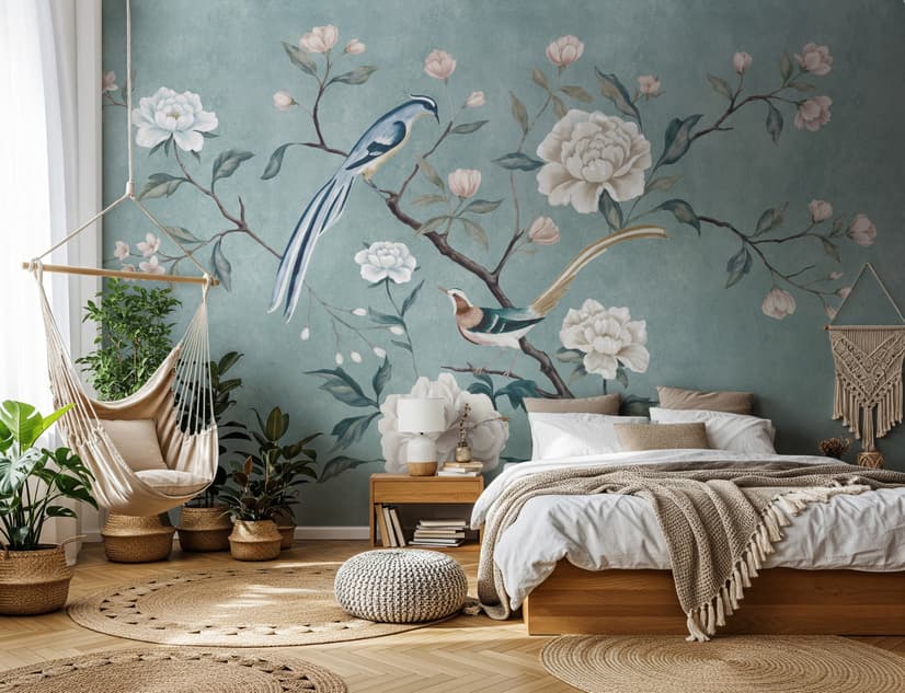 Vintage Peony Floral and Swallow Wallpaper Mural