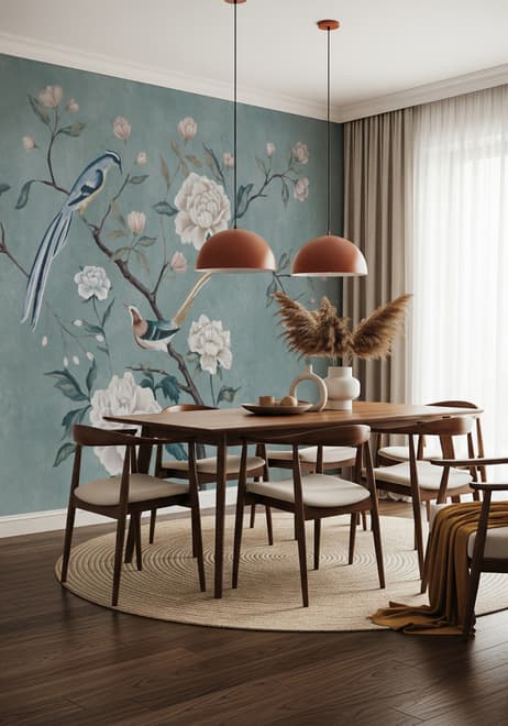 Vintage Peony Floral and Swallow Wallpaper Mural