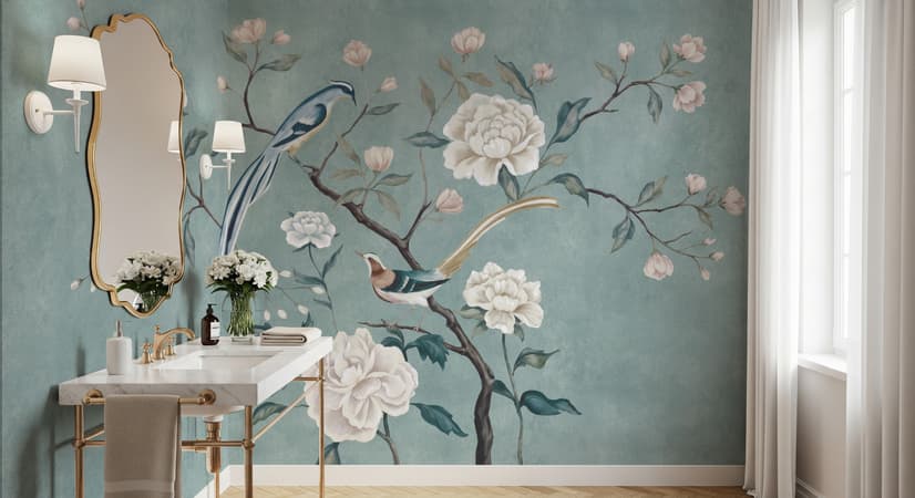 Vintage Peony Floral and Swallow Wallpaper Mural