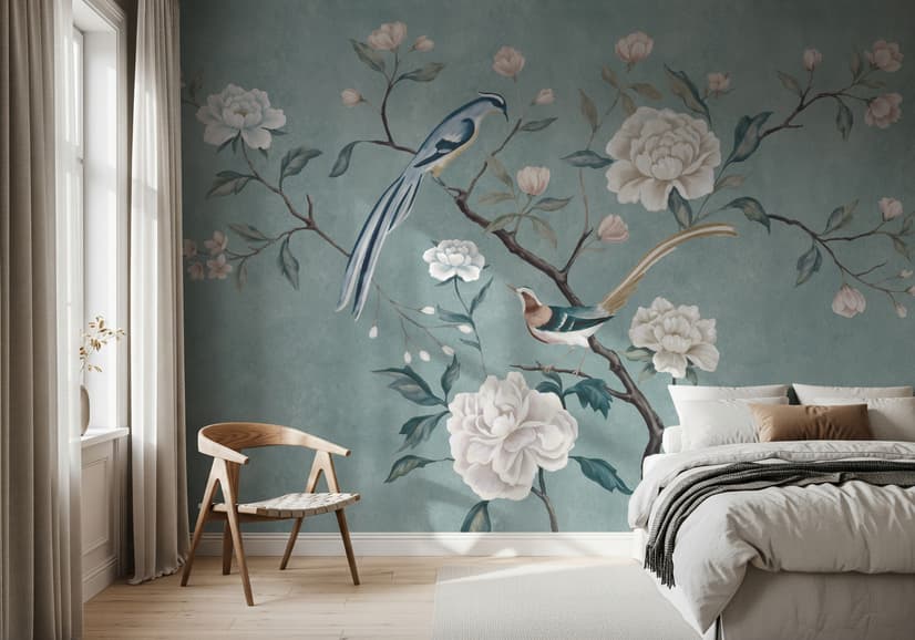 Vintage Peony Floral and Swallow Wallpaper Mural