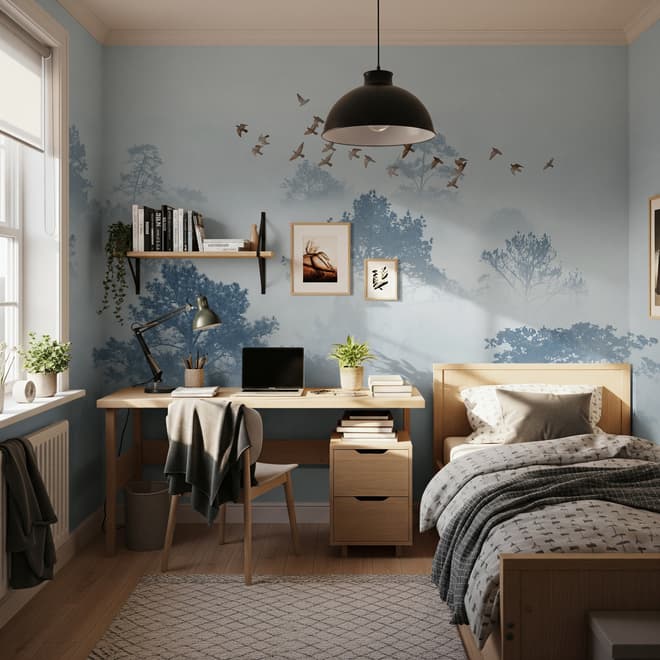 Misty Forest with Birds Wallpaper Mural