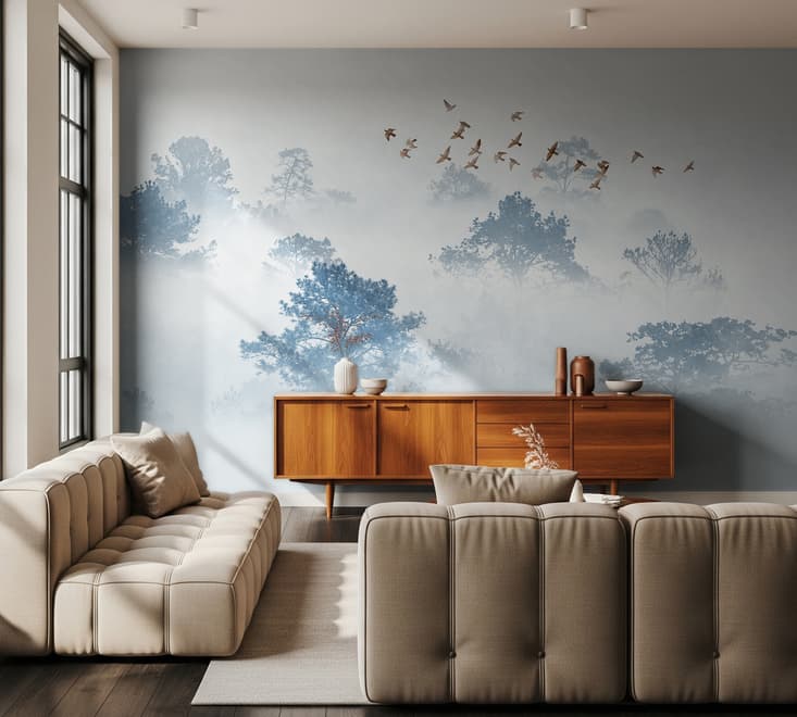 Misty Forest with Birds Wallpaper Mural