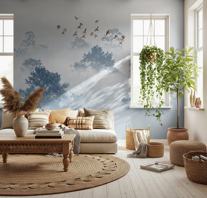 Misty Forest with Birds Wallpaper Mural