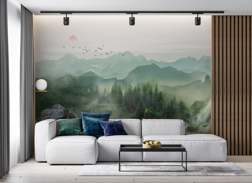 Waterfall with Misty Green Forest Landscape Wallpaper Mural