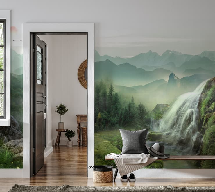 Waterfall with Misty Green Forest Landscape Wallpaper Mural