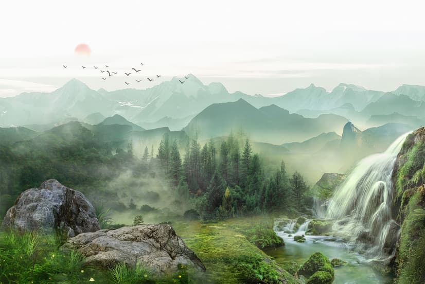 Waterfall with Misty Green Forest Landscape Wallpaper Mural