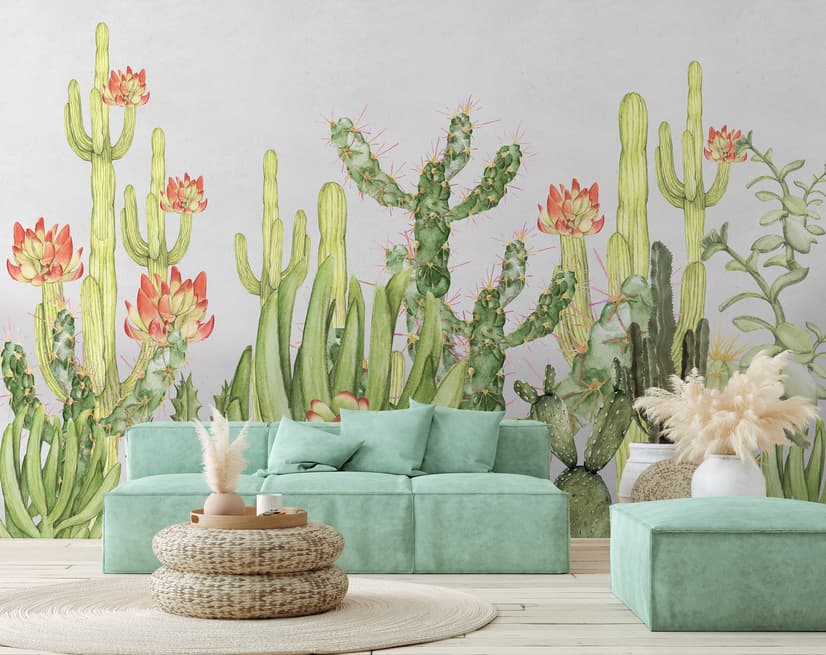 Watercolor Desert Floral and Cactus Wallpaper Mural
